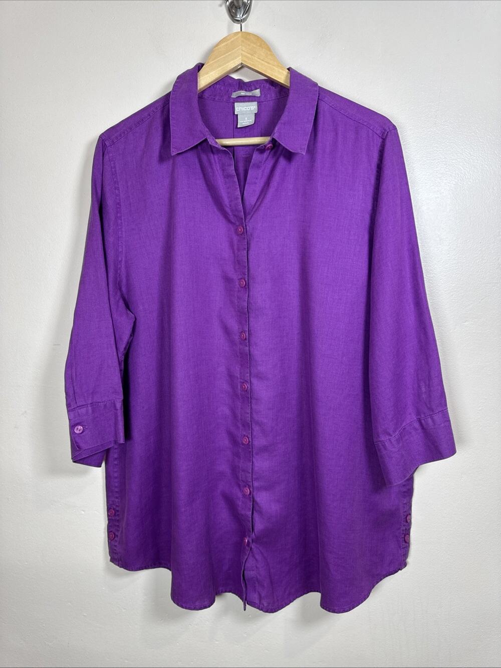 Chicos Womens 100% Linen Button Down Shirt Coastal Lagenlook Preppy Purple XL